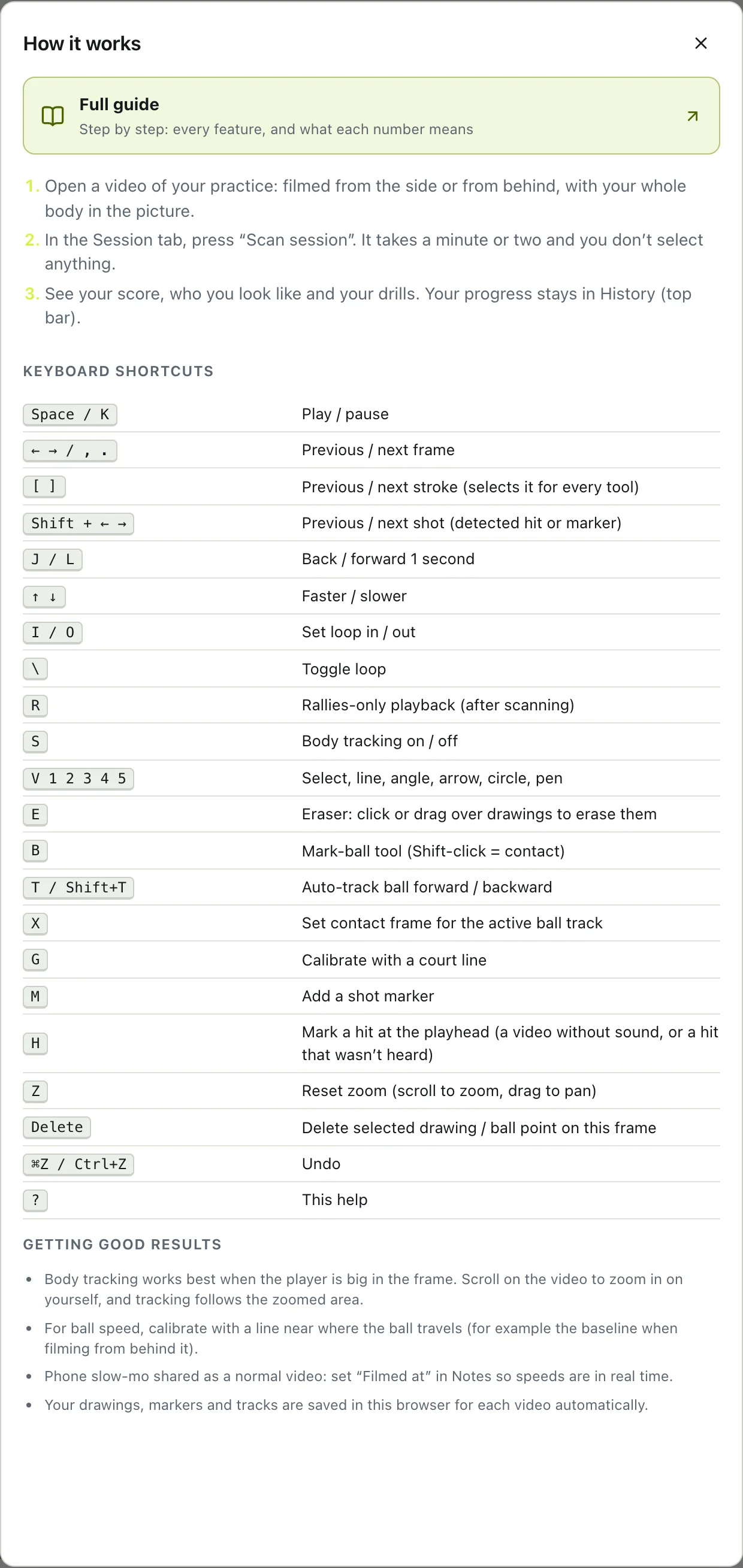 The app’s help: how it works, the shortcuts and the link to the full guide.
