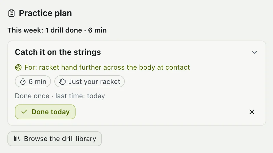The practice plan with the week’s drills and the Done today button.