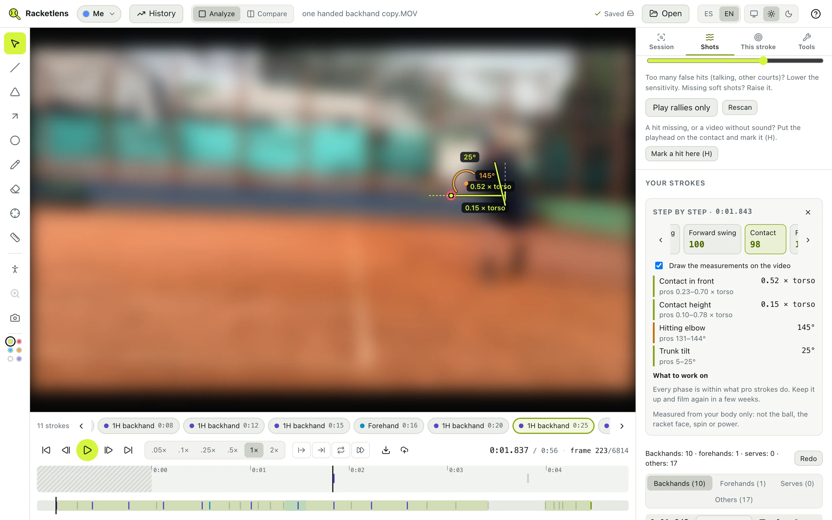 Step by step: a stroke’s five phases, with the measurements drawn on the video.