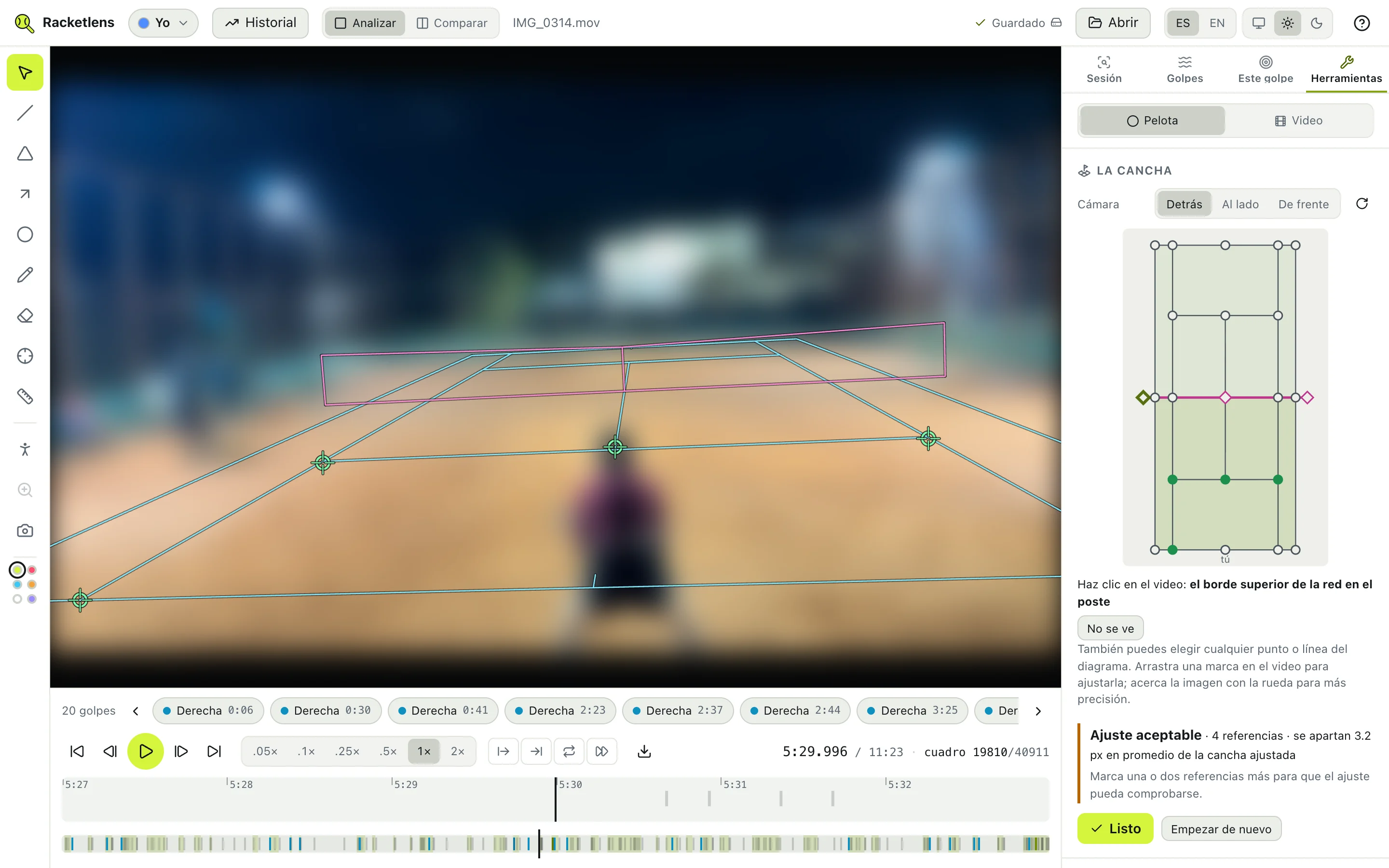 La calibración: el diagrama de la cancha, las marcas sobre el video y el veredicto del ajuste.