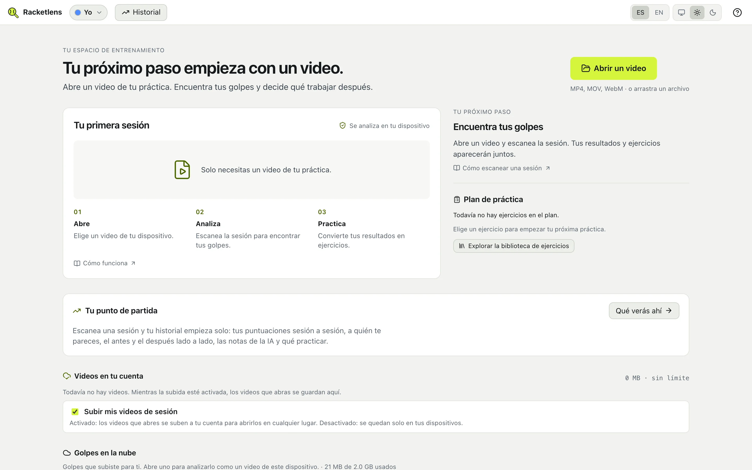 La pantalla de inicio: abre un video, retoma uno reciente o entra a tu progreso.